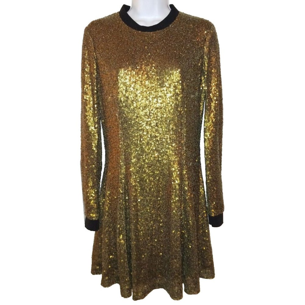 RACHEL ROY 8 Gold Sequin High Neck Back Zip Fit & Flare Dress w/ Knit Lining